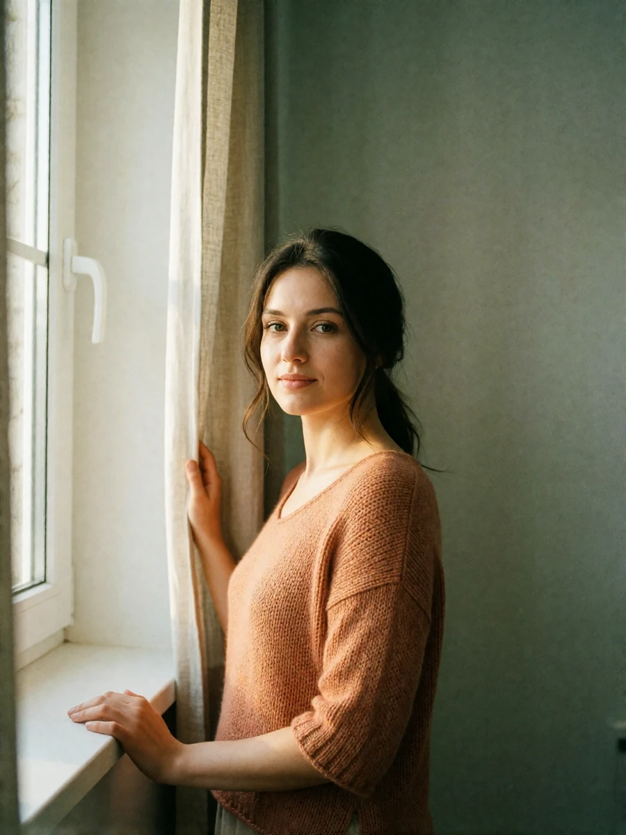 Moldovan woman in a soft terracotta knit top standing beside a linen curtain in a bright modern apartment