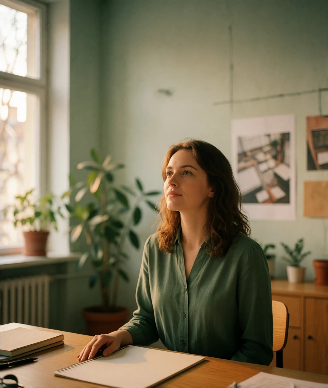 Slavic woman in her early thirties standing at a wooden desk with a notebook, looking up thoughtfully while planning ahead