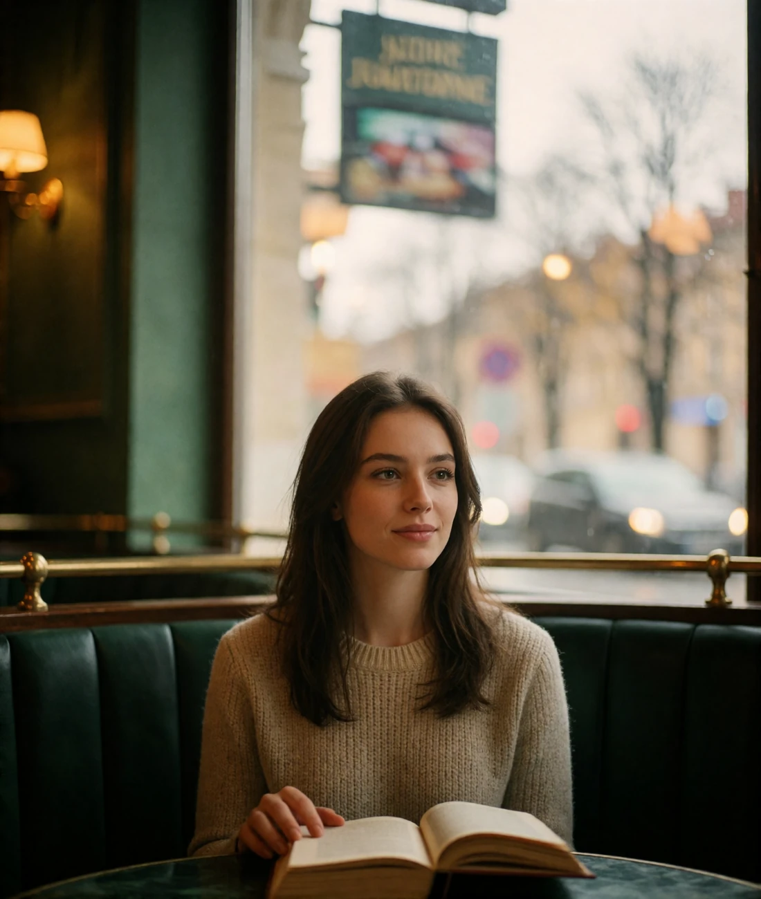 Elegant Slavic woman seated by a café window with a closed book, looking off-camera with a quietly amused expression