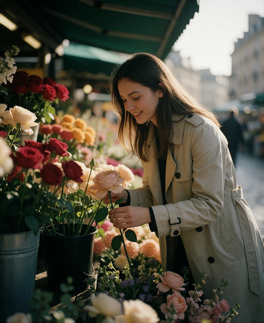 Young woman selecting fresh blush and cream flowers at an outdoor European flower stall, smiling as she lifts a single bloom