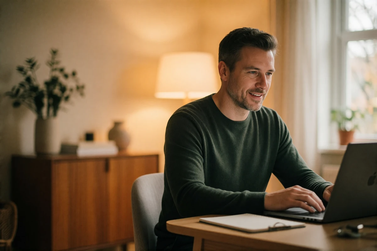 Man in his forties seated at a tidy home desk with an open laptop, relaxed posture and a friendly expression ready for a video date