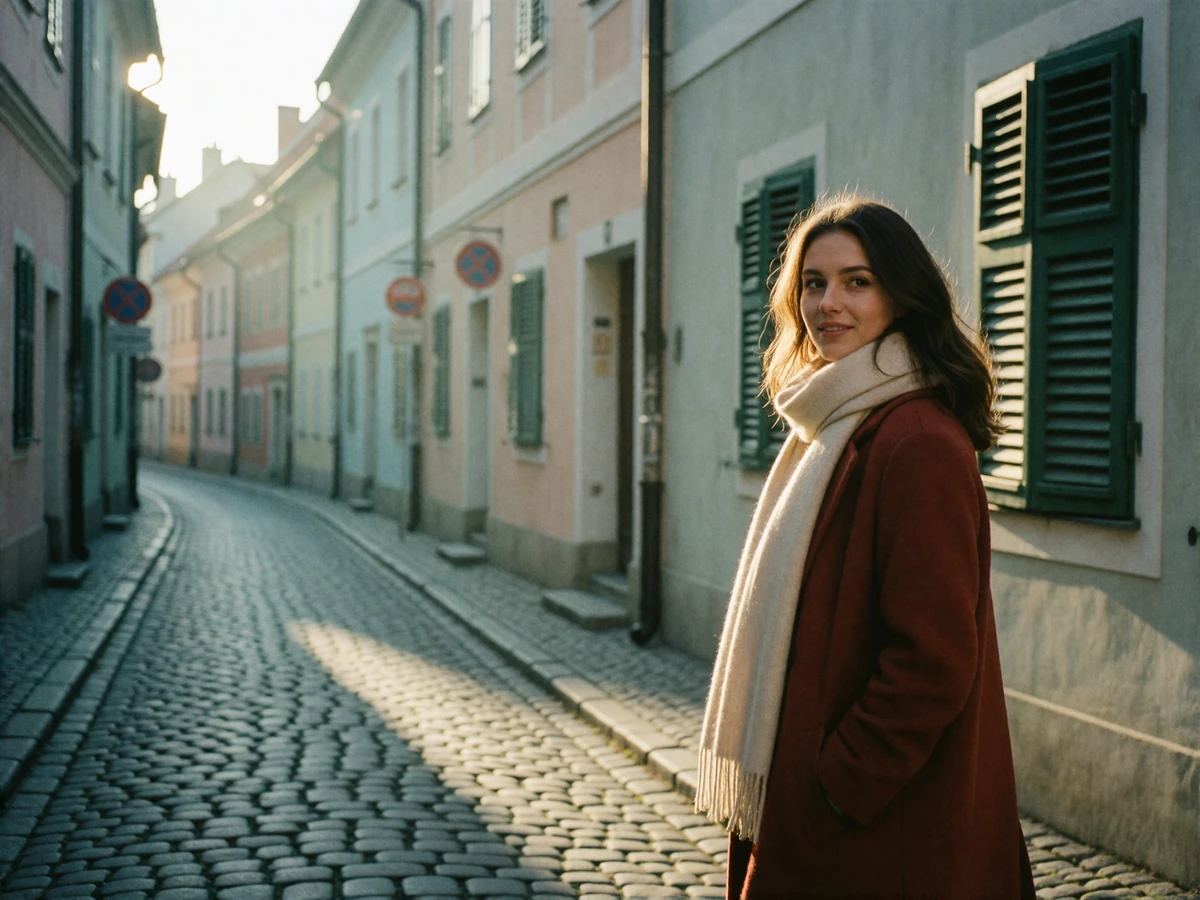 Slovakian woman in a rust coat walking along a narrow cobbled old-town street and glancing back with a smile