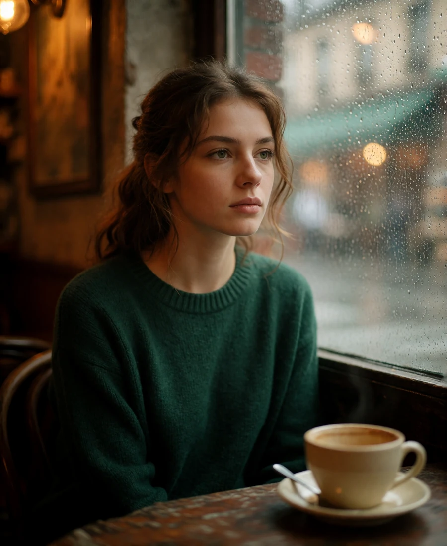 Young woman seated by a rain-flecked cafe window with a calm, considered expression