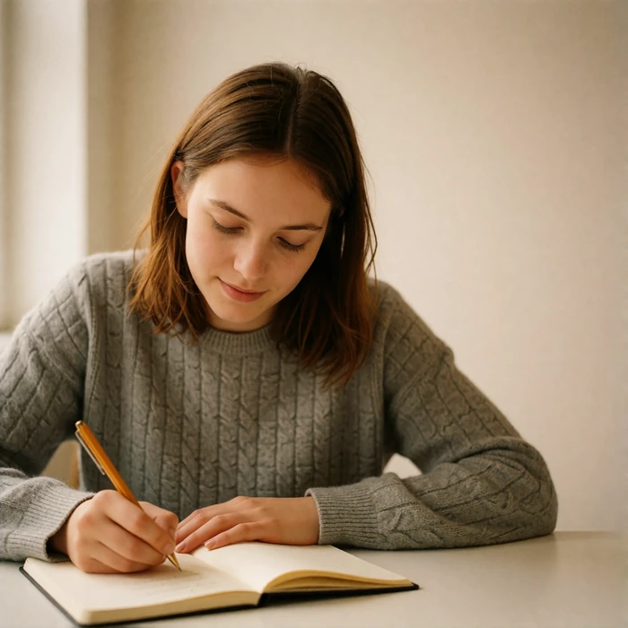 Young woman writing in a notebook at a study desk with a focused, quiet expression