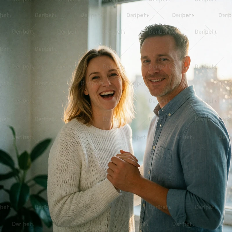 Couple standing close beside a bright apartment window, laughing together