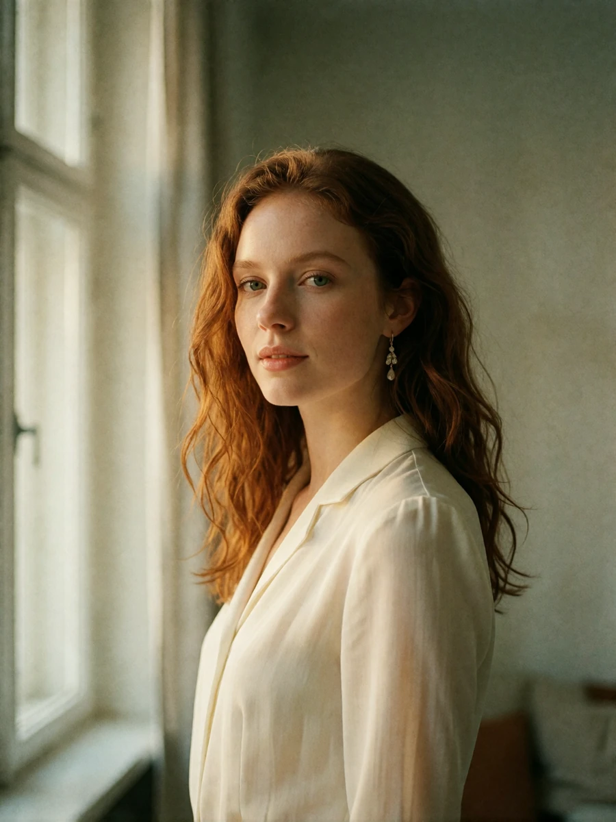 Self-assured Czech woman with wavy auburn hair standing near a sunlit apartment window