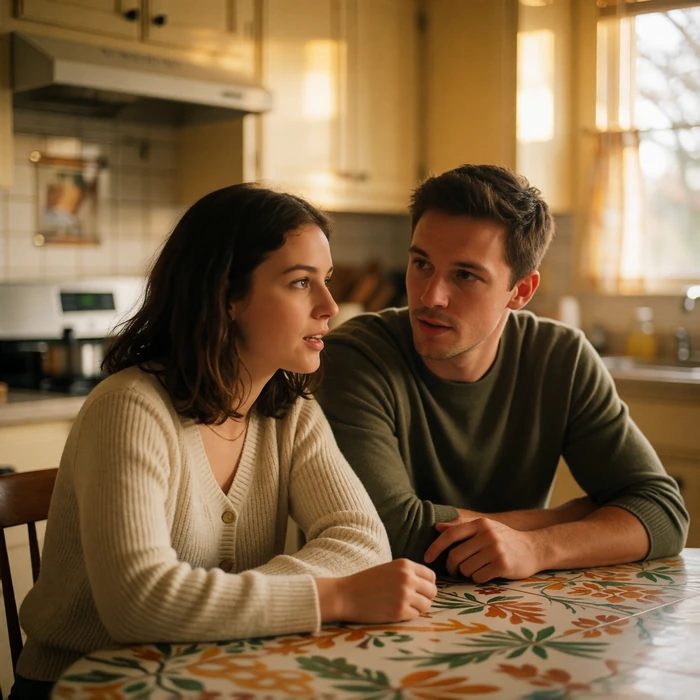 Couple seated at a kitchen table in quiet, attentive discussion