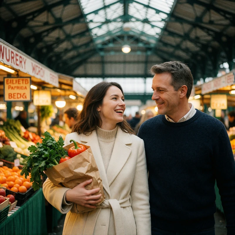 Couple walking through a bright covered market hall, the woman laughing while carrying fresh produce