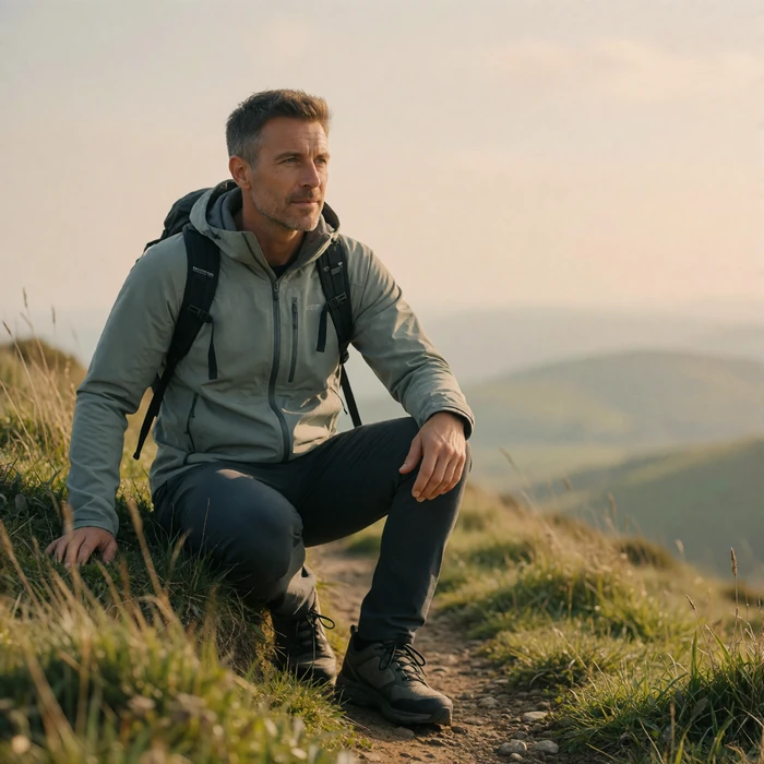 Man hiking on an open ridge trail in daylight, mid-stride and looking off to the side
