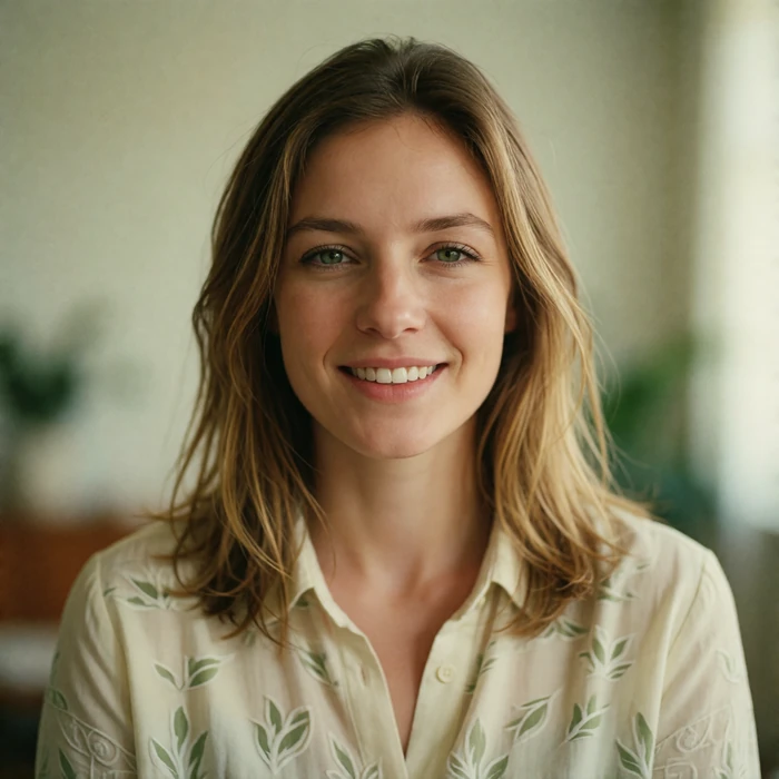 Well-framed head-and-shoulders portrait of a smiling Eastern European woman with even headroom and soft daylight