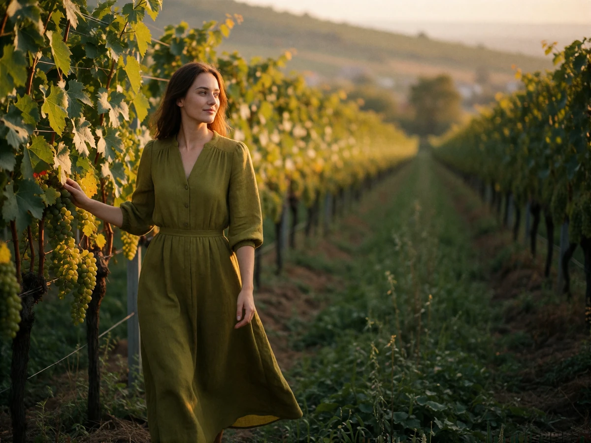 Moldovan woman in an olive-green dress walking between sunlit rows of vineyard grapevines