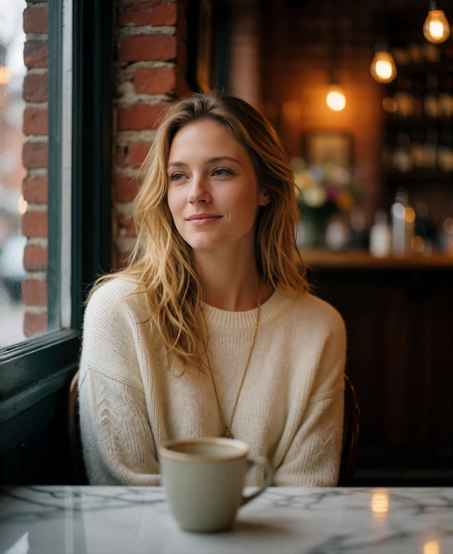 Verified member from Kyiv sitting by a café window