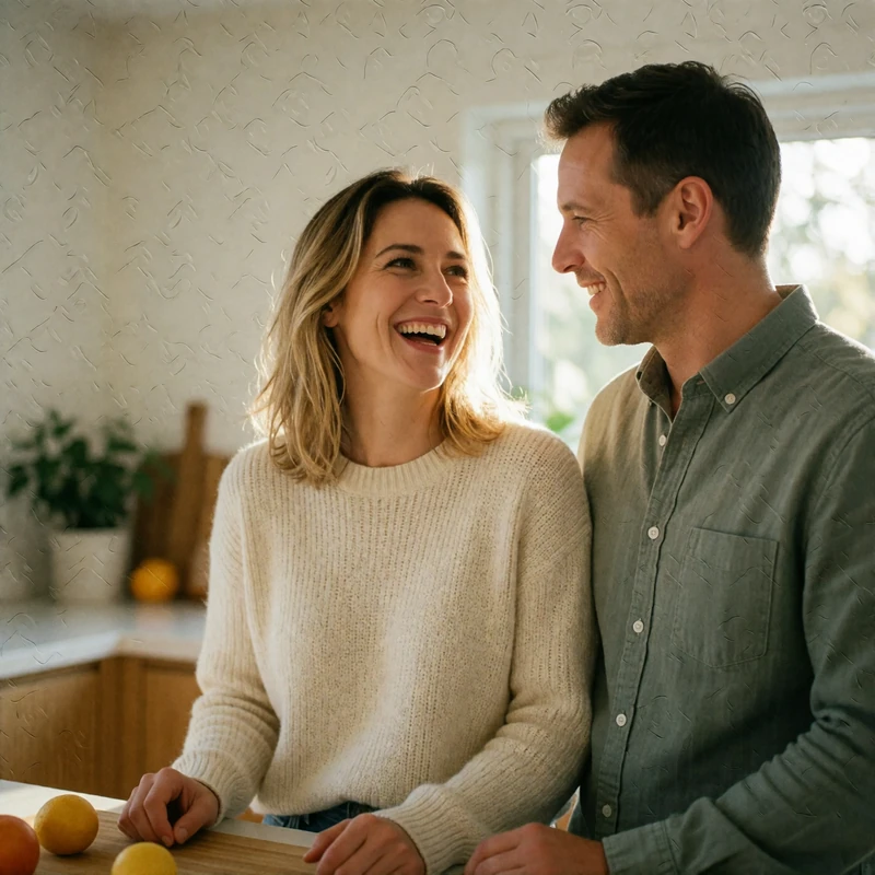 Couple laughing together at a bright modern kitchen counter