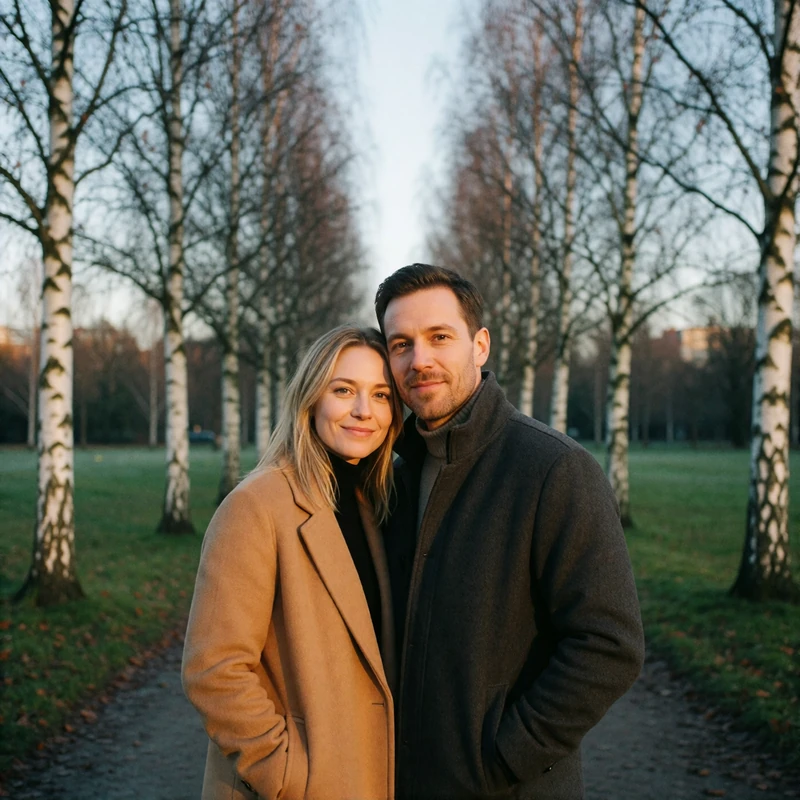 Couple standing together on a birch-lined park path, smiling softly toward the camera