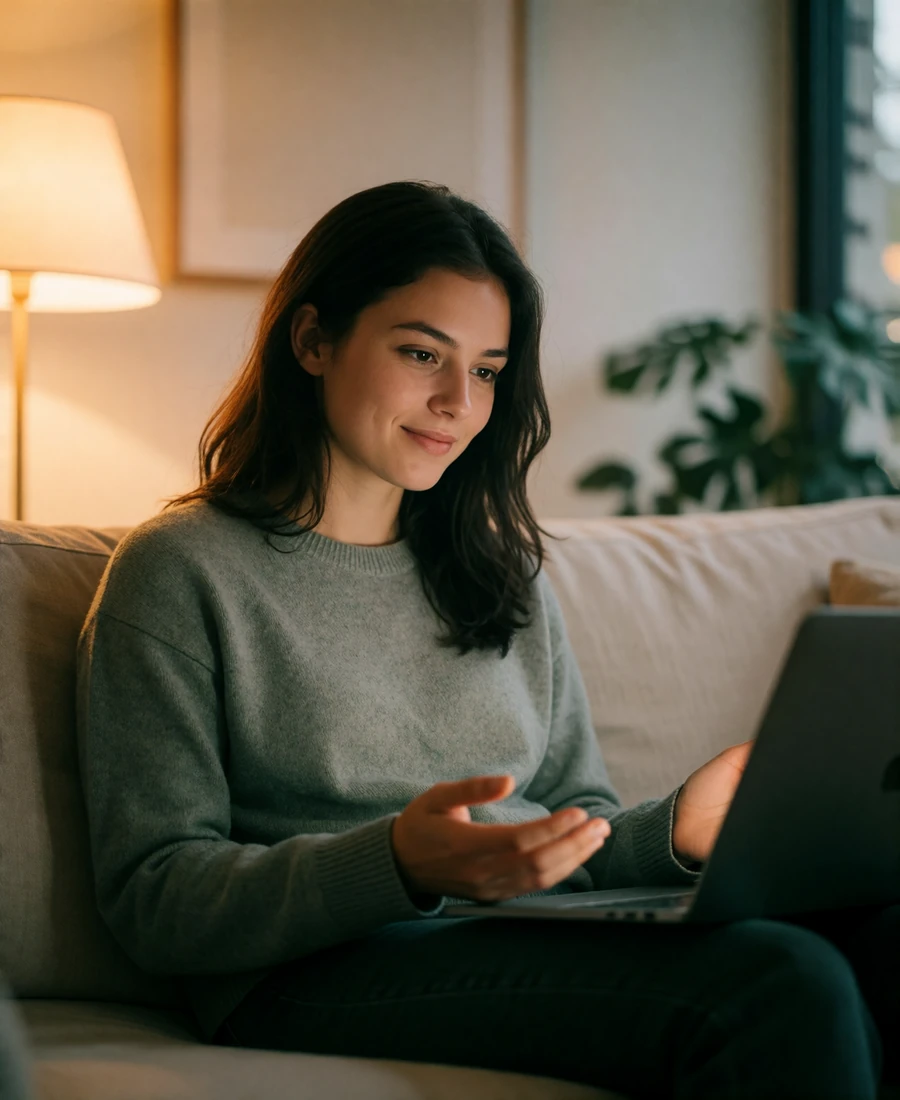 Woman sitting on a linen sofa listening attentively toward a laptop during a video date, hands relaxed in her lap