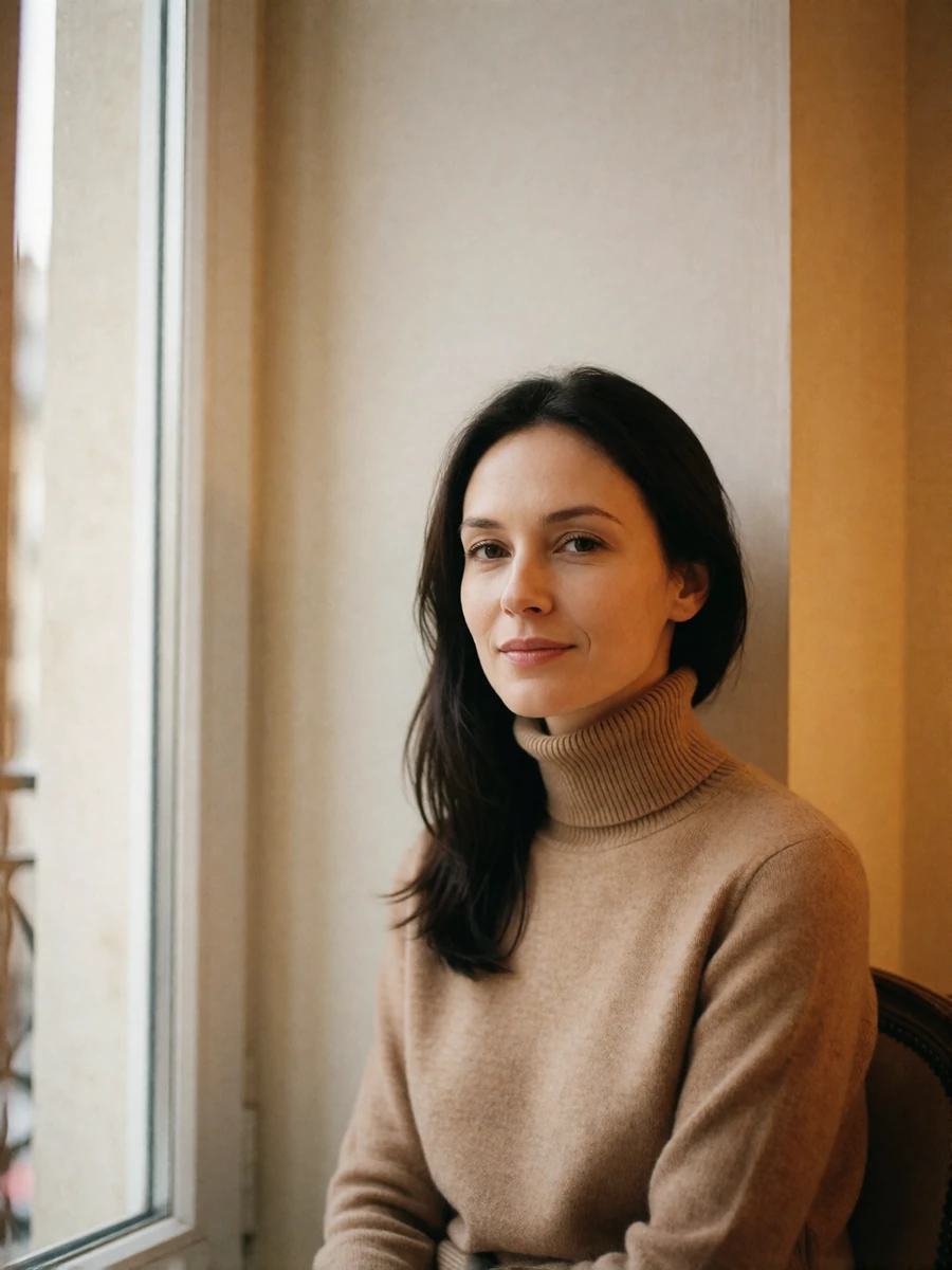 Russian woman in a camel turtleneck sitting thoughtfully by a window in an upscale apartment