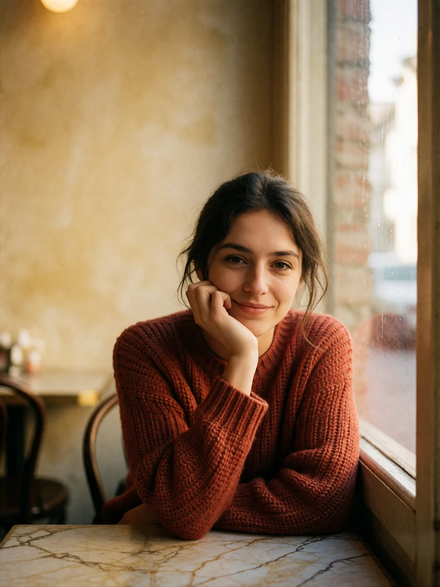 Romanian woman resting her chin on her hand at a cafe table, smiling toward the camera