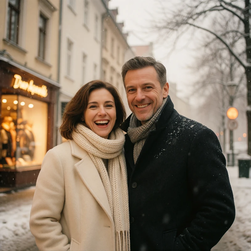 Couple laughing together on a snow-dusted European street in winter coats