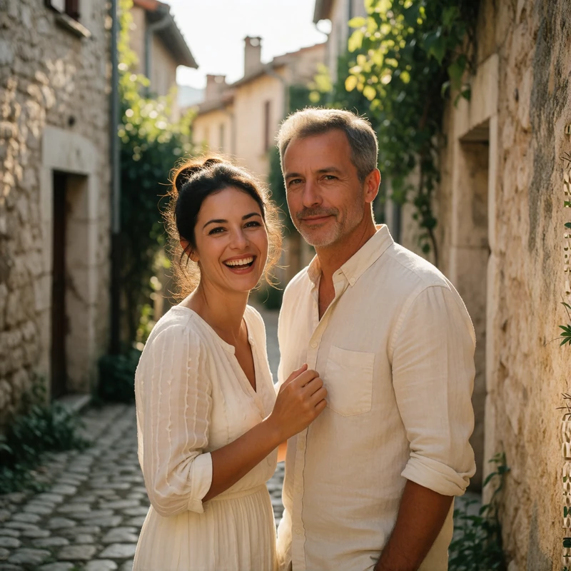Couple pausing on a narrow cobbled old-town lane between stone houses, both smiling toward the camera