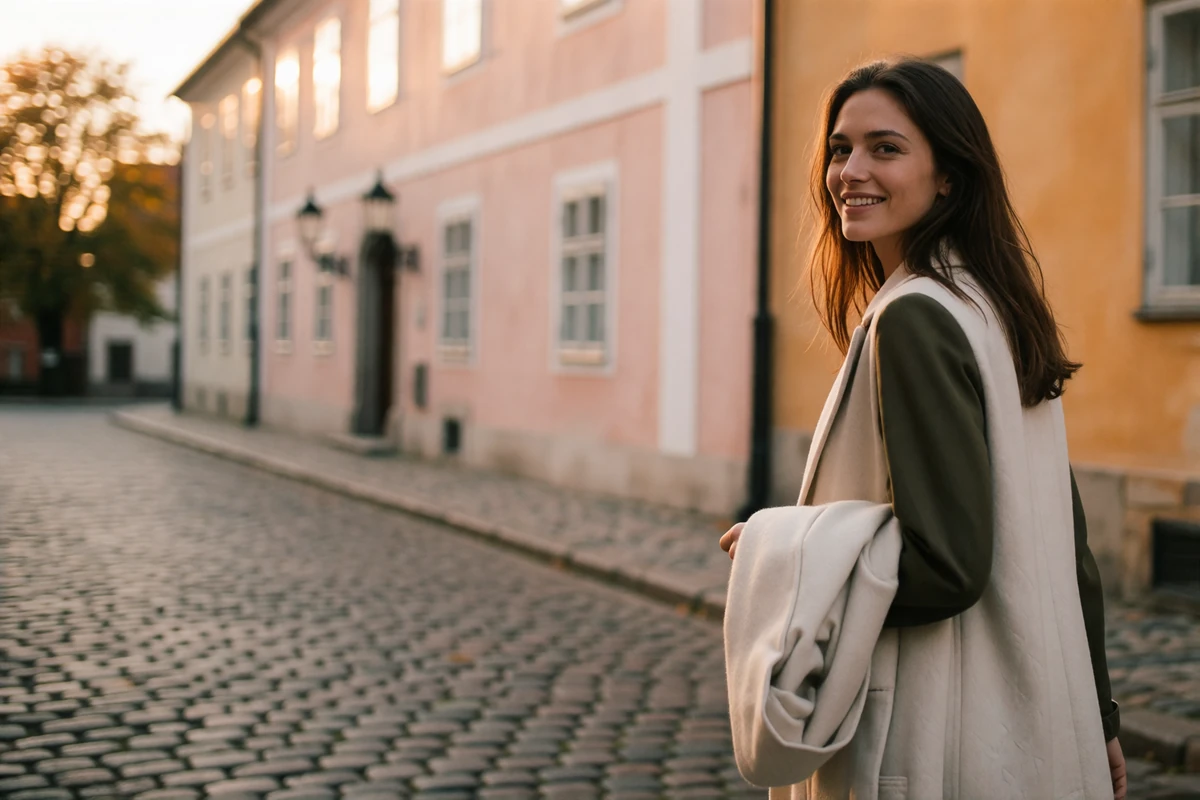 Slavic woman walking along a cobbled European street, glancing back over her shoulder with an easy smile
