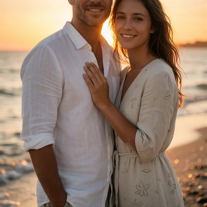 Couple standing barefoot near the shoreline at sunset, the woman resting her hand on the man's chest