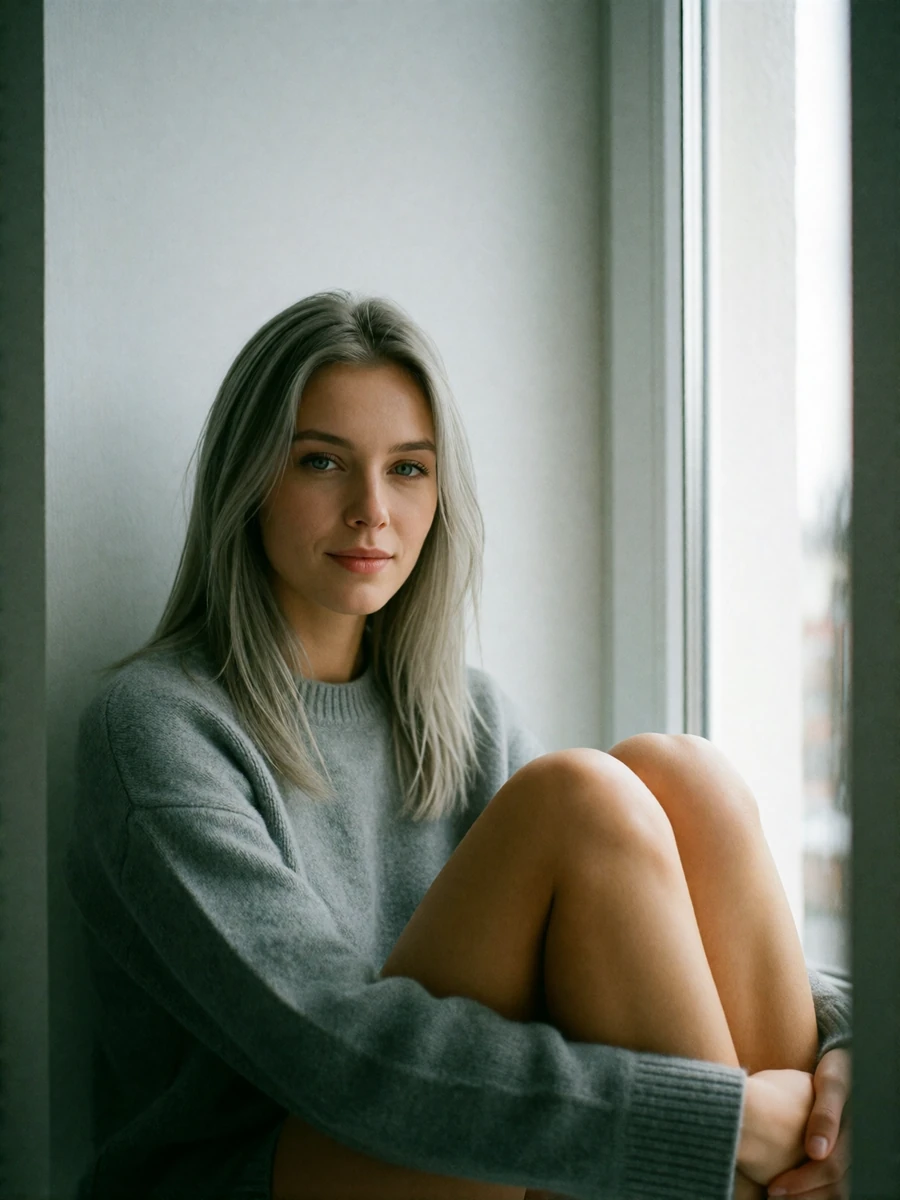 Poised Belarusian woman in a grey cashmere sweater seated by a bright window with a quiet reflective smile