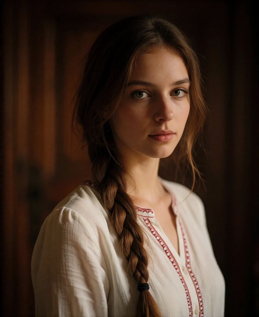Woman with long chestnut hair in an embroidered white blouse reading with a polite but reserved expression