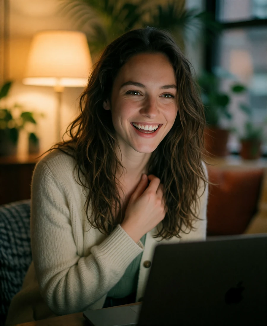Woman leaning toward a laptop mid-laugh in a warmly lit apartment during a video conversation