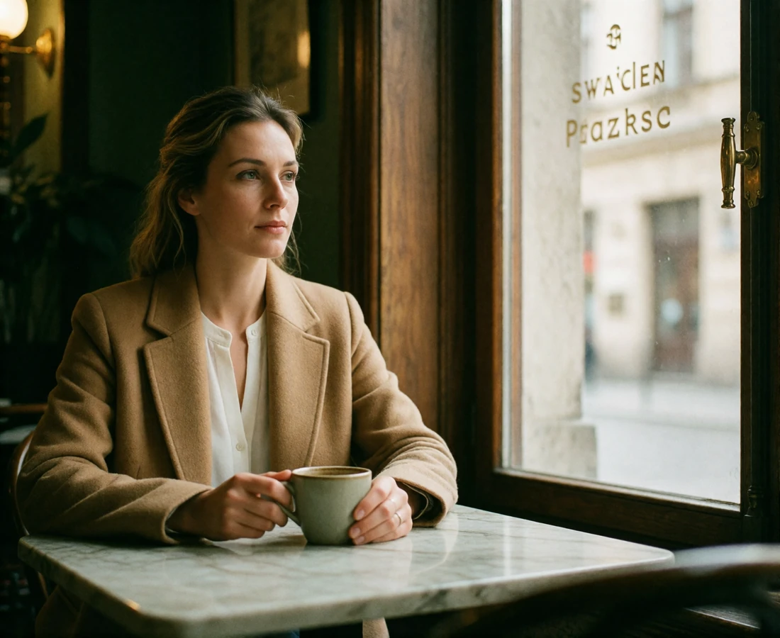 Poised Czech woman in a camel coat seated at a marble cafe table in a Prague coffee house