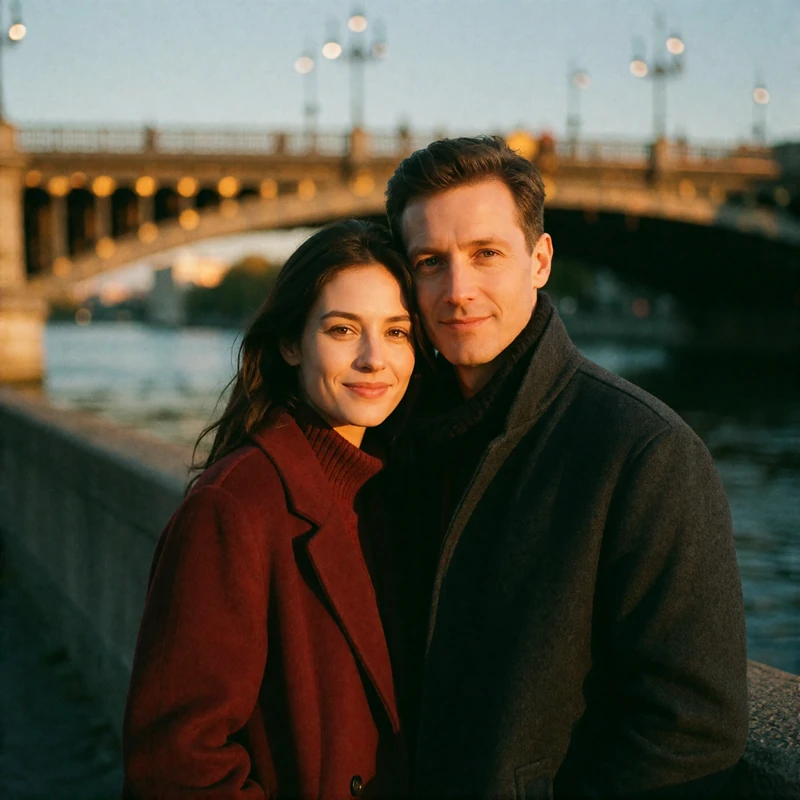 Couple standing close on a river promenade at dusk near an illuminated bridge
