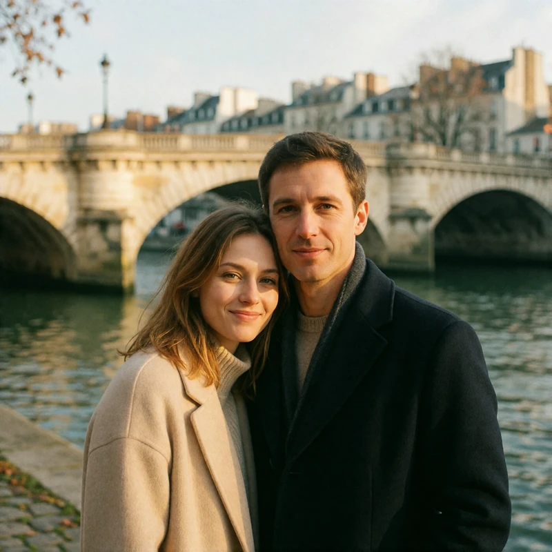 Couple standing close together on a river embankment with pale European rooftops in the background