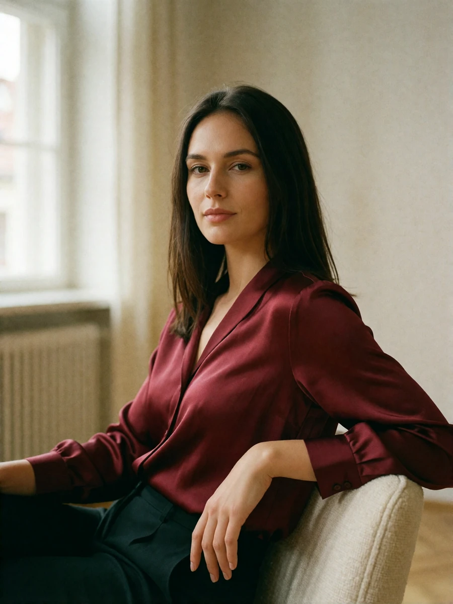 Confident Slovakian woman in a burgundy silk blouse seated in a bright apartment looking directly at the camera