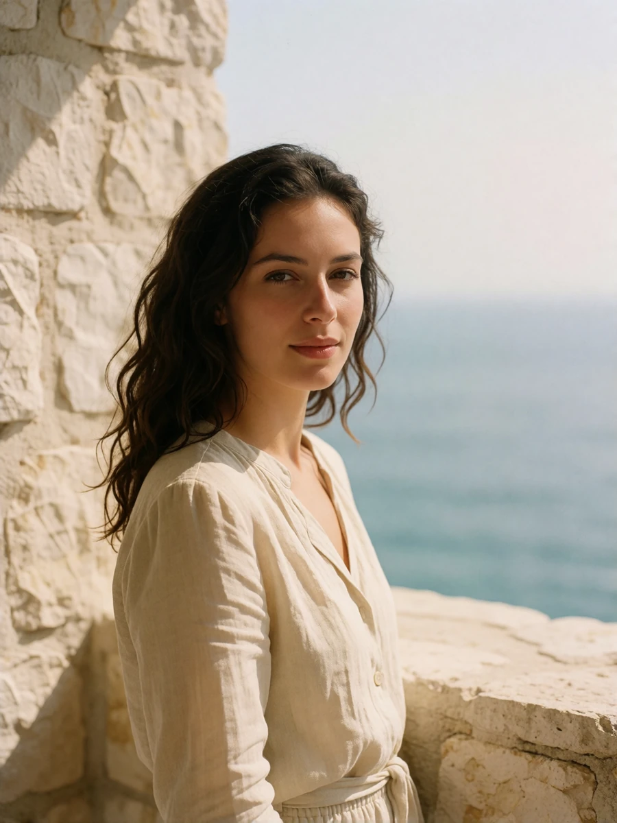 Bulgarian woman in a sand-colored linen blouse smiling on a shaded stone terrace overlooking the sea