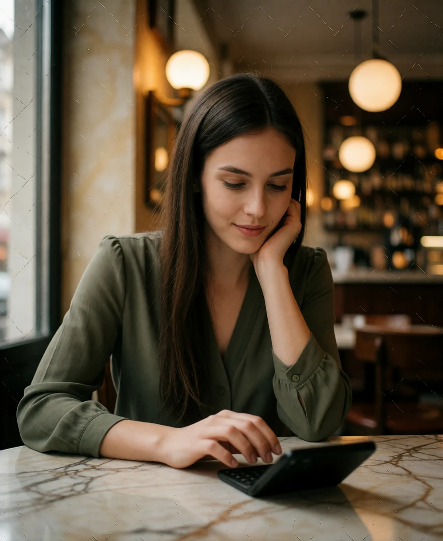 Young Slavic woman typing thoughtfully on her phone at a marble cafe table with a faint amused smile