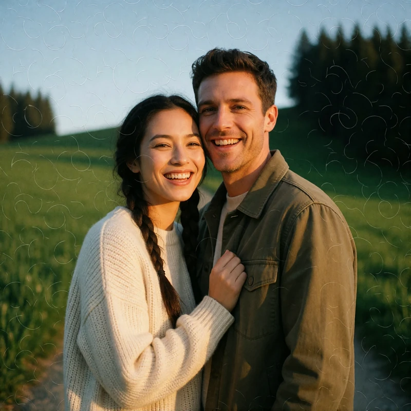 Couple laughing together on a green hillside path, the woman with a braided plait in a cream sweater
