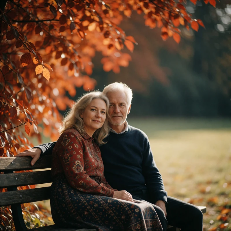 Couple sitting close on a park bench surrounded by autumn foliage