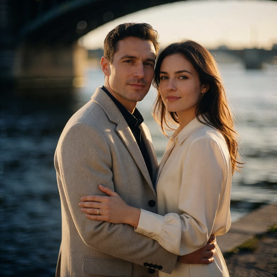Couple standing together on a riverside promenade at golden hour