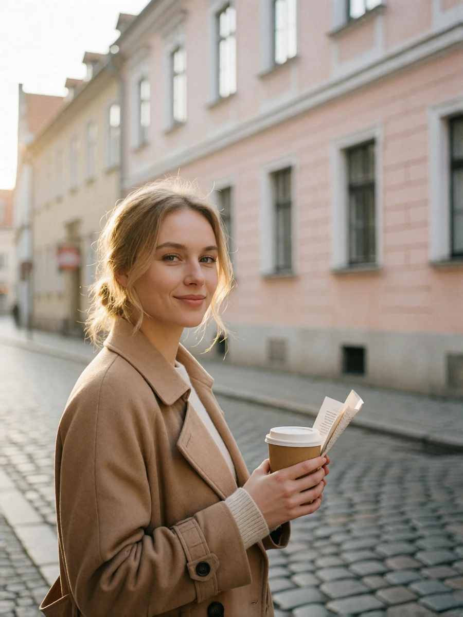 Polish woman in a camel trench coat holding a coffee cup on a cobbled old-town street