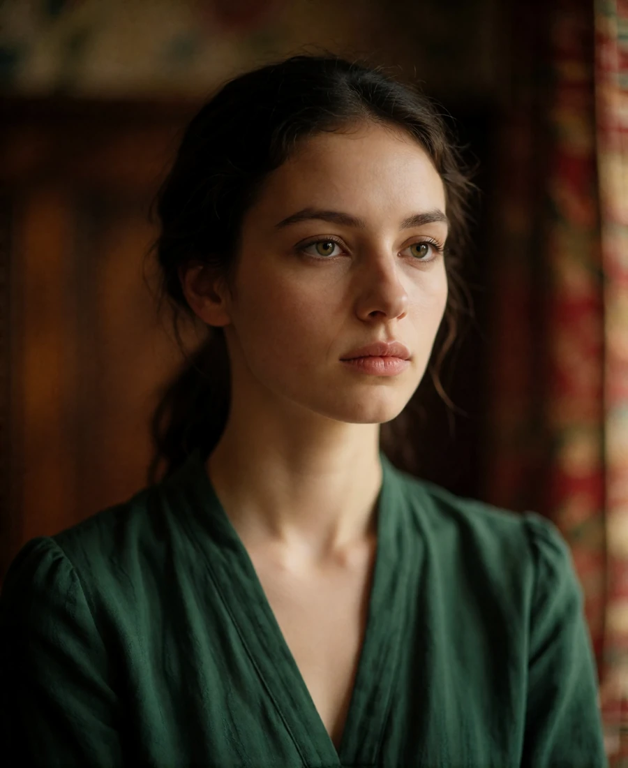 Young Central European woman with dark hair pulled back, looking away thoughtfully during a quiet pause in conversation