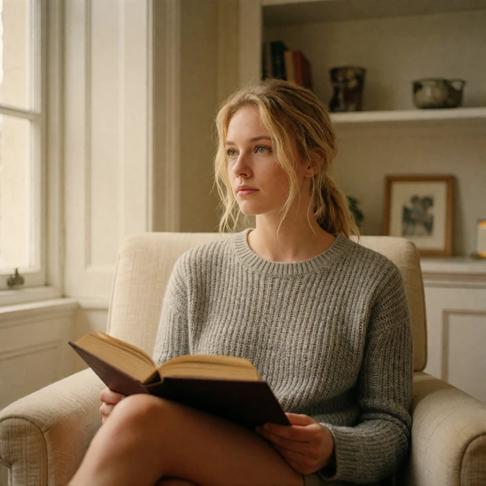 Young woman sitting in an armchair with an open book resting on her knee, looking off in thought