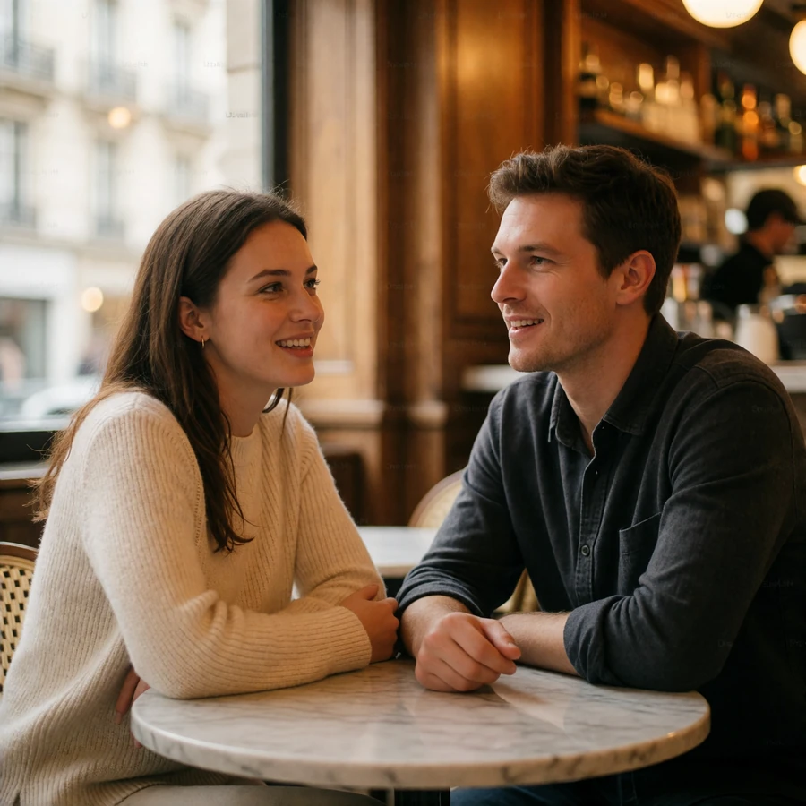 Couple sitting close together at a marble table in an upscale European cafe