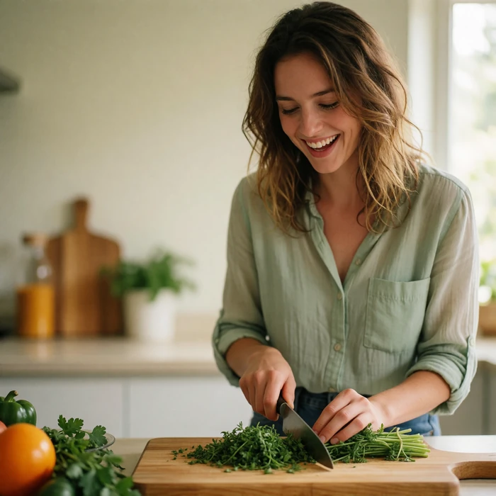 Woman in a bright modern kitchen slicing fresh herbs on a wooden board, laughing lightly