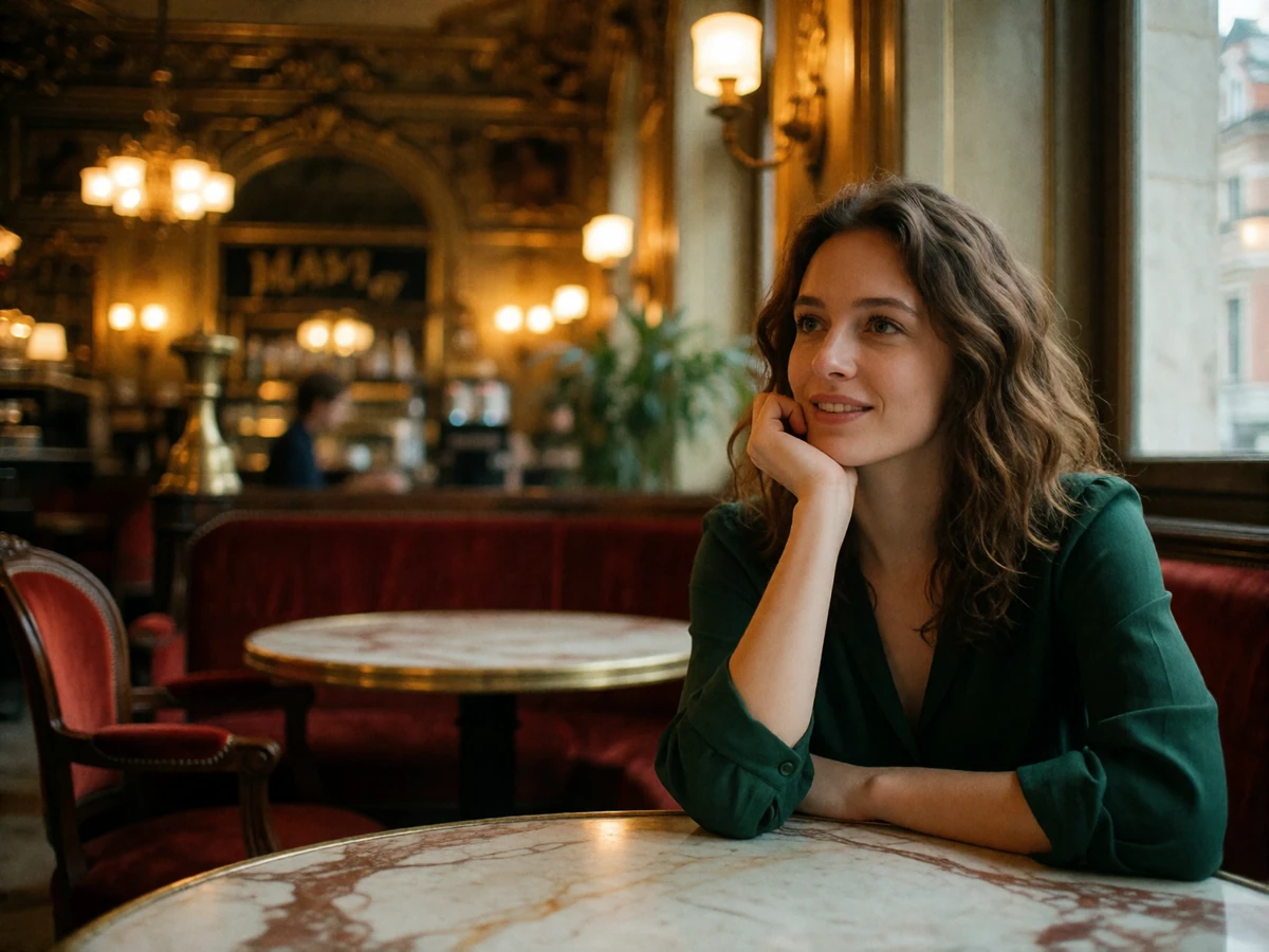 Thoughtful Hungarian woman in a forest-green blouse mid-conversation inside a grand high-ceilinged coffee house