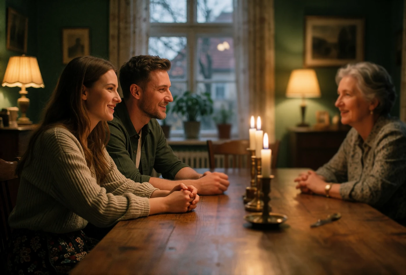 Slavic woman and her partner leaning warmly into conversation at a family dinner table