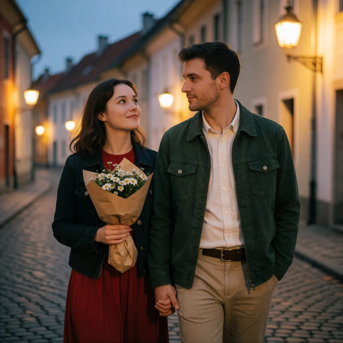 Couple walking a quiet cobbled street at dusk, the woman holding a small paper-wrapped bouquet