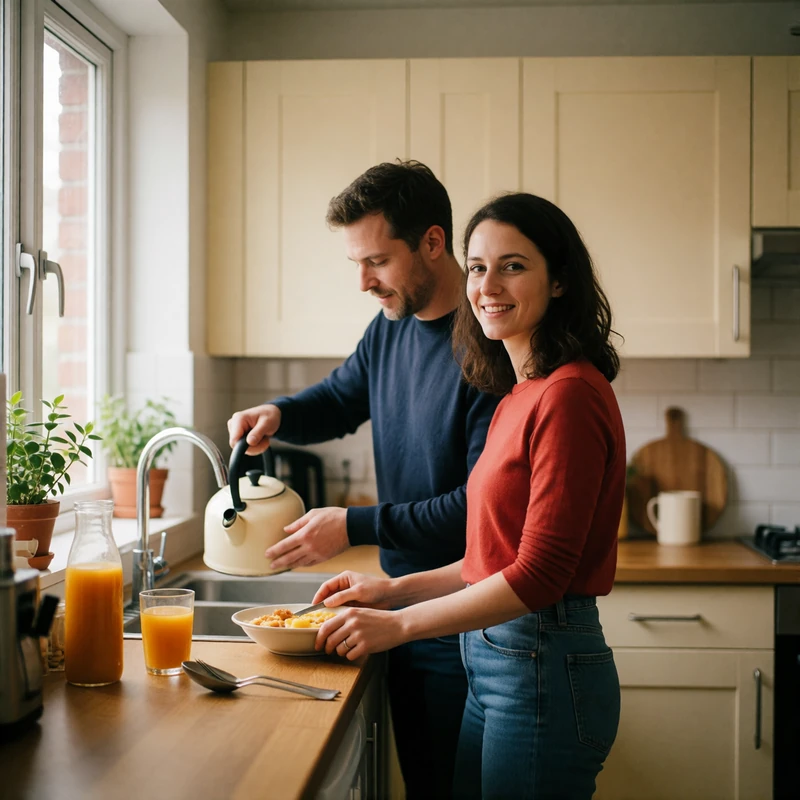 Couple preparing breakfast together in a bright kitchen