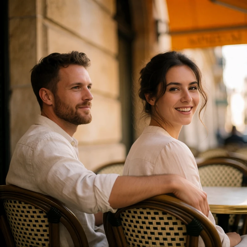 Couple sitting side by side on a European cafe terrace, smiling toward the camera