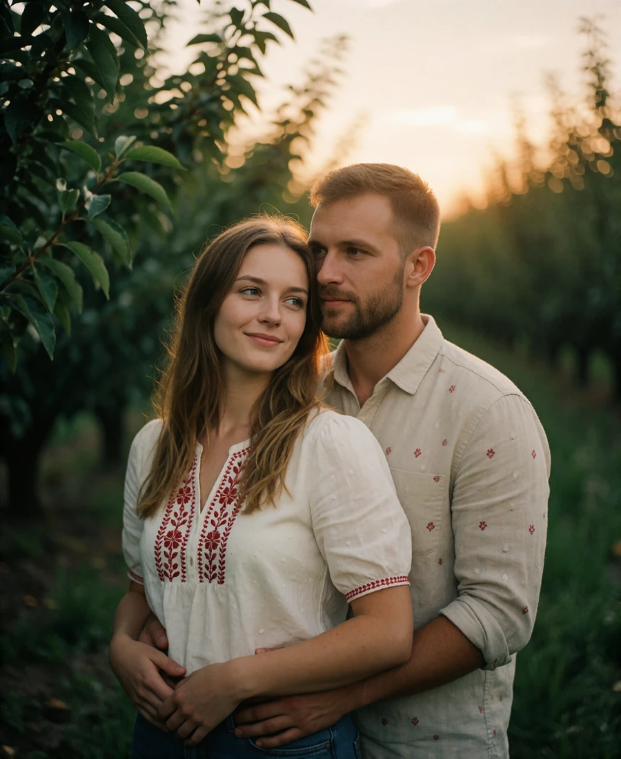 Couple standing close together in a golden late-afternoon orchard, the woman in a white blouse with red embroidery smiling gently