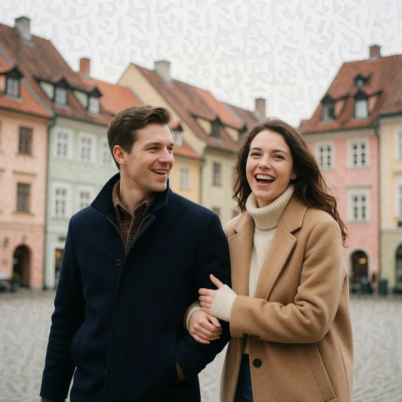 Couple walking arm in arm through a European old-town square, laughing together