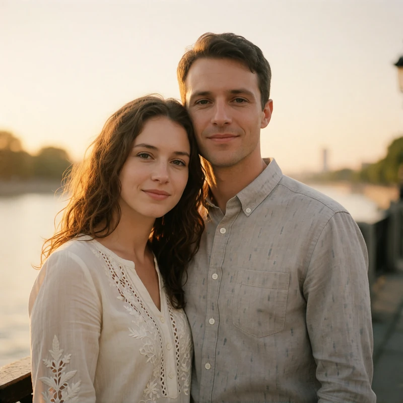 Couple standing close on a riverside promenade at golden hour